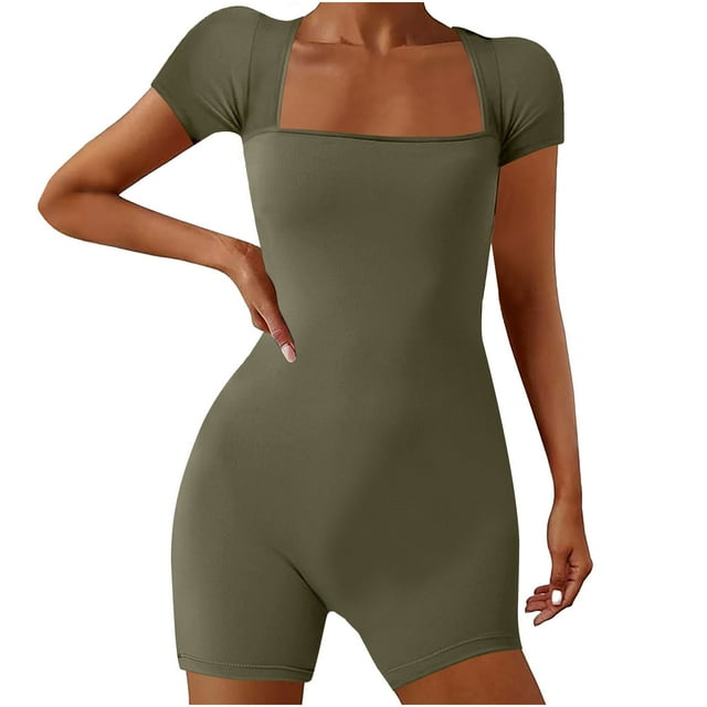 AherBiu Yoga Bodysuits for Women Square Neck Short Sleeve Slim Stretchy Workout Short Jumpsuits Rompers