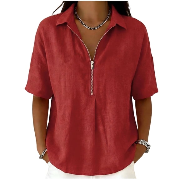 XYAIYT Womens Summer Tops Zipper Loose Short Sleeve Blouse Solid Color Casual Short Sleeve Shirts for Ladies