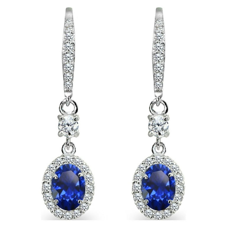 Created Blue Sapphire & CZ 7x5mm Oval Halo Dangle Earrings in Sterling  Silver