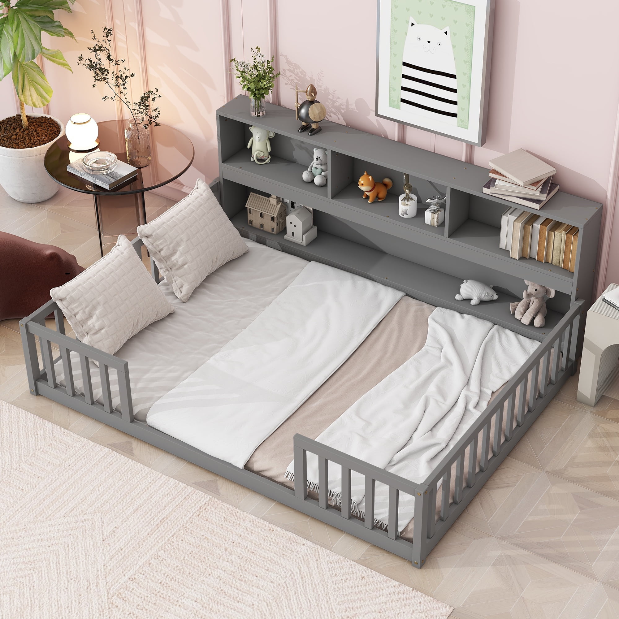 Full Floor Bed with Bookcase and Shelves, Wood Montessori Floor Bed Frame with Guardrails for Boys, Girls, Grey