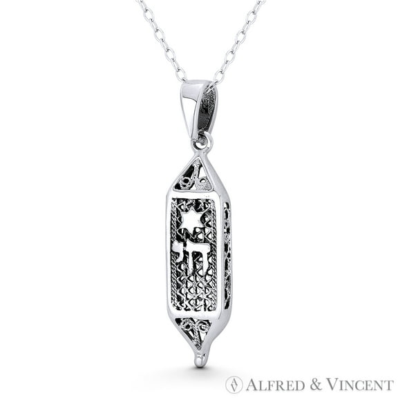 Mezuzah, Star of David, & Jewish Chai "Life" Charm 34x7.5mm (1.3x0.3in) Pendant in Oxidized .925 Sterling Silver