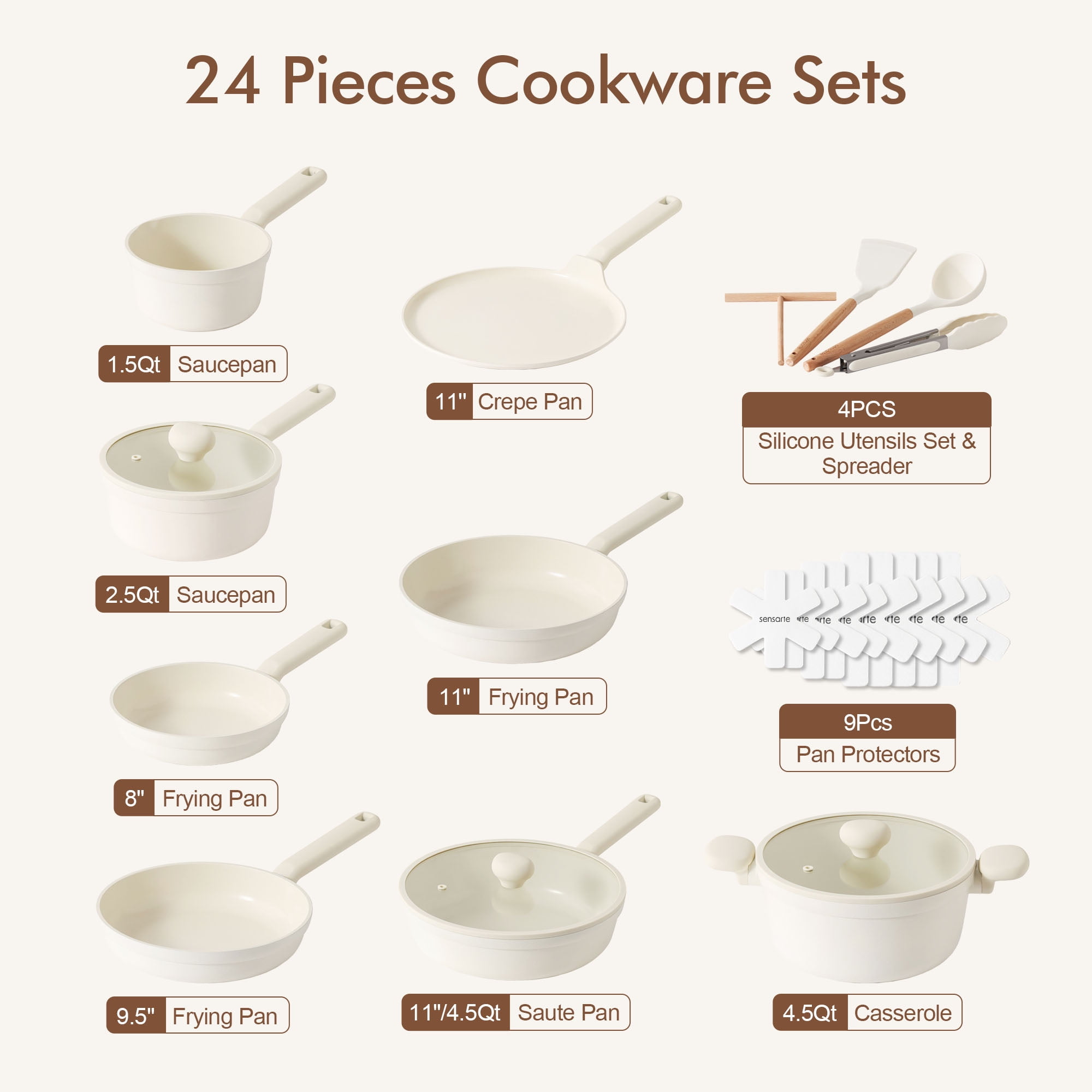 SENSARTE 24-Piece Ceramic Pots and Pans Set, Cream White Induction Nonstick Cookware Set, Healthy Kitchen Cooking Sets with Stay-Cool Handles, Dishwasher Safe, Stackable
