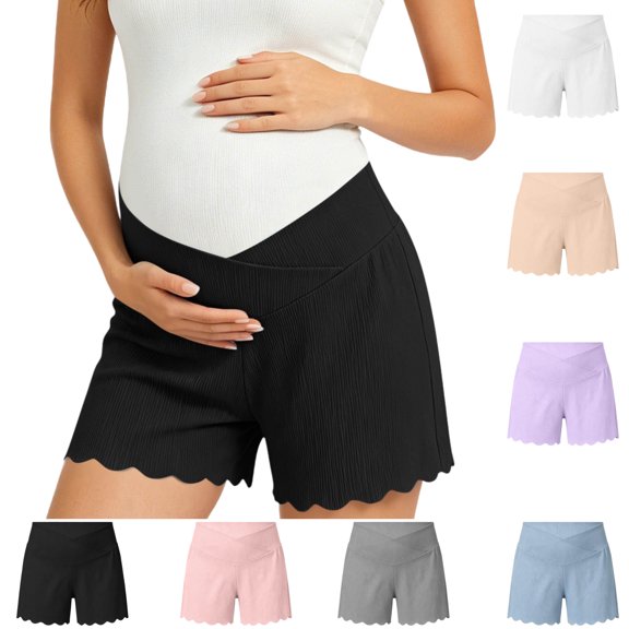WPPGONE Maternity Shorts for Women Crossover Waisted Elastic Stretchy Straight Leg Wide Fit Lace Hem Bottoms Summer Lounge Homewear Shorts
