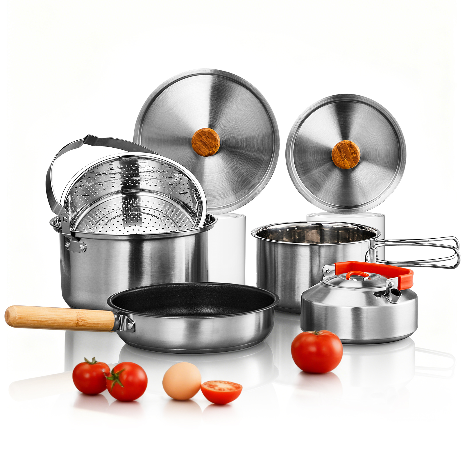 UBesGoo Camping Cookware Pot Set Outdoor Cooking Set w/ Pots,Fry Pan,Colander,Kettle,Lids