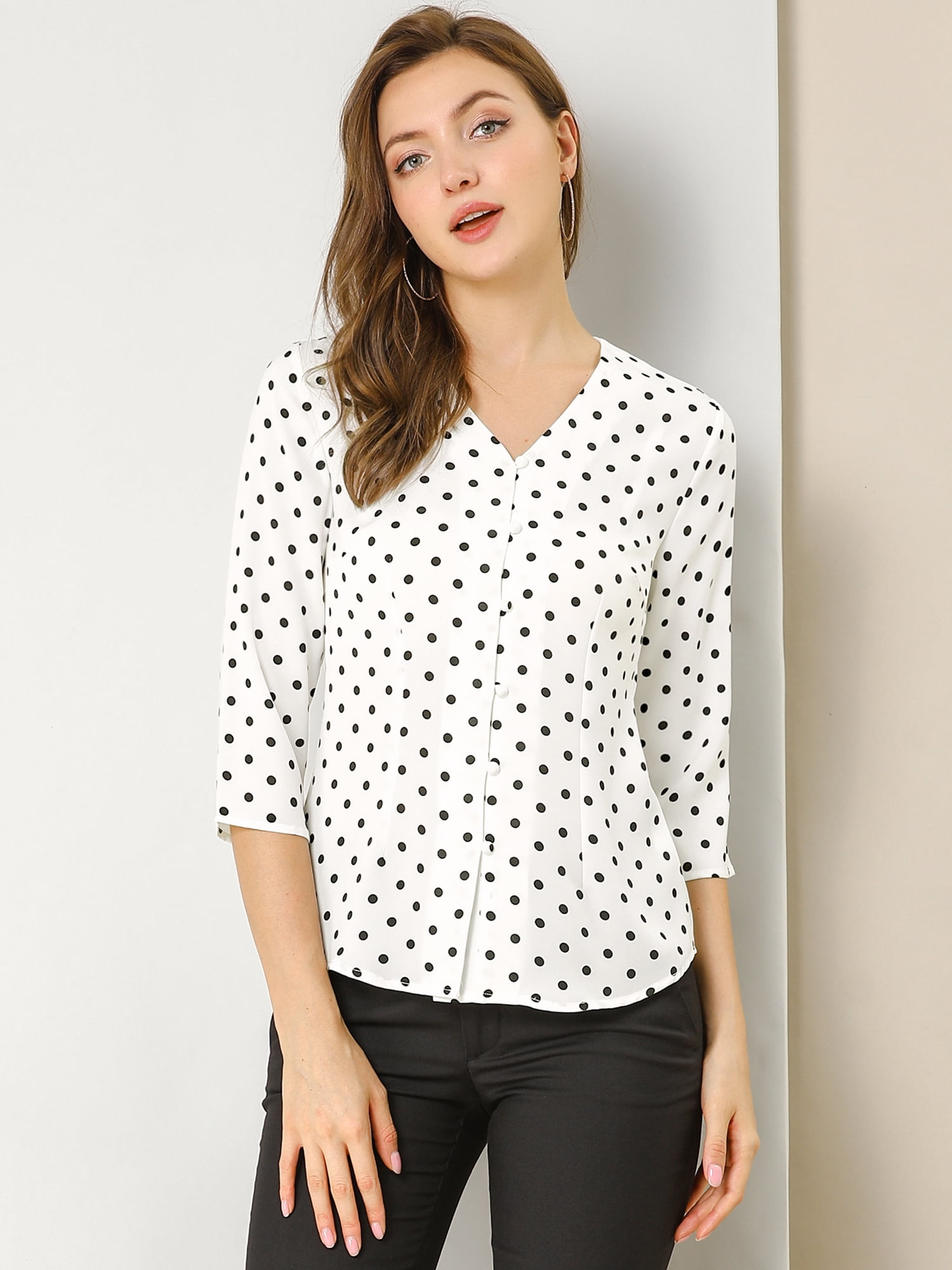 DARING DIVA Women's V Neck Polka Dots 3/4 Sleeve Casual Button Blouse XXL White