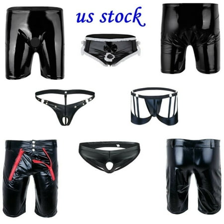 US -Sexy Men's Wet Look Leather Boxer Briefs Thongs G-string Jockstrap Underwear - M - Black Open Penis