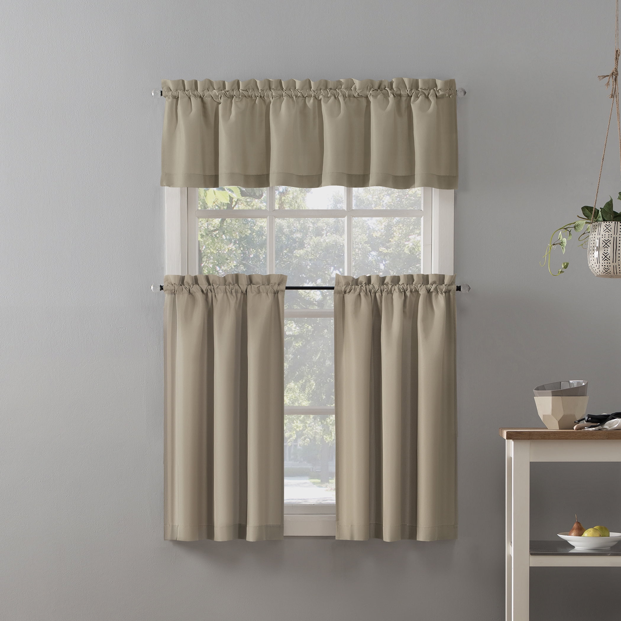 Mainstays 3-Piece Semi Sheer Rod Pocket Kitchen Window Tier Pair and Valance, 2 Café Curtains and 1 Curtain Valance, Taupe, 54"W x 36"L