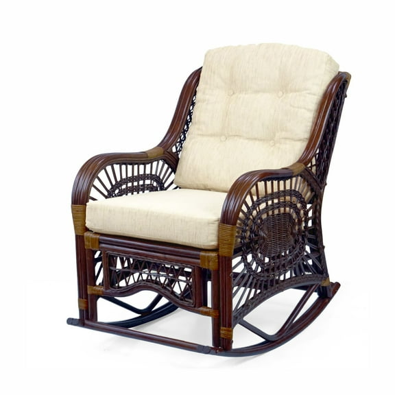 Malibu Rocking Handmade Lounge Chair ECO Natural Wicker Rattan, Dark Brown Color, Cream Cushions