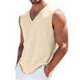 thumbnail image 2 of Stralyhd Summer Tank Tops for Men Breathable Summer Beach Vacation Linen Sleeveless Tank Tops V Neck Big and Tall Raw Edge Shirts Khaki XL, 2 of 4