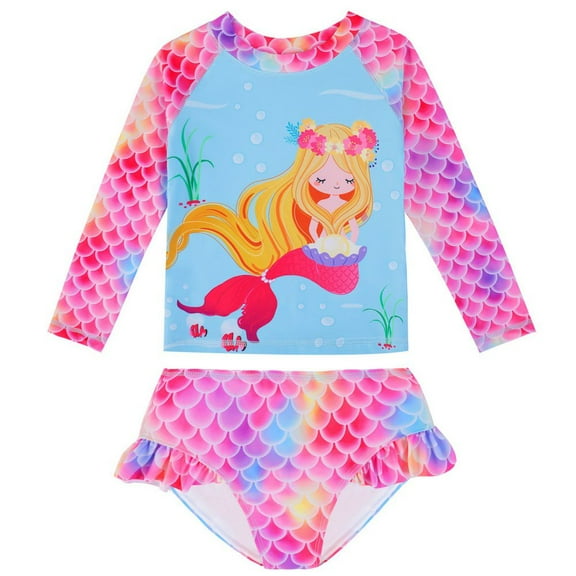 GYRATEDREAM Toddler Baby Girls Two Piece Bikini Swimsuit Kids Mermaid Ruffle Swimwear Long Sleeve UPF 50 Sun Protection Bathing Suits Set for 3-9 Years