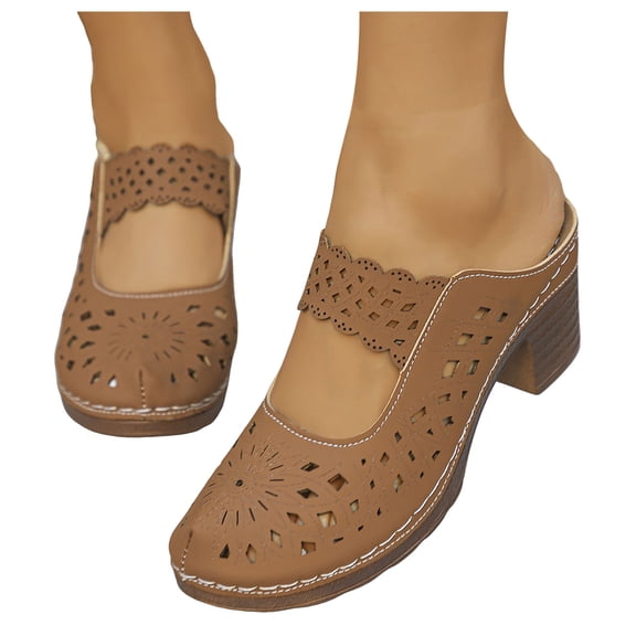 Mules for Women Bohemian Hollow out Closed Toe Heeled Sandals Summer Casual Slip on Slides Breathable Orthopedic Shoes Brown Size 8.5