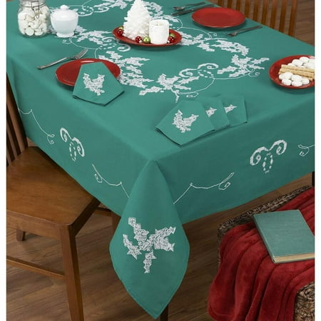Printed Cross Stitch Tablecloth - Stitch Art Elegant Holly Tablecloths Stamped Cross-Stitch
