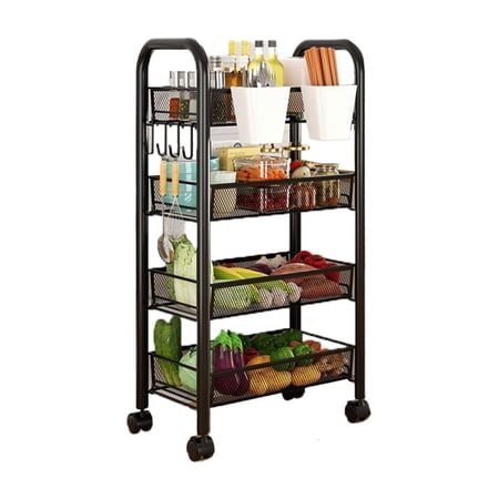 YIGSECU Versatile Rolling Kitchen Rack Elegant Black 3 Tiered Kitchen Basket Stand for Fruit and Vegetable Arrangement