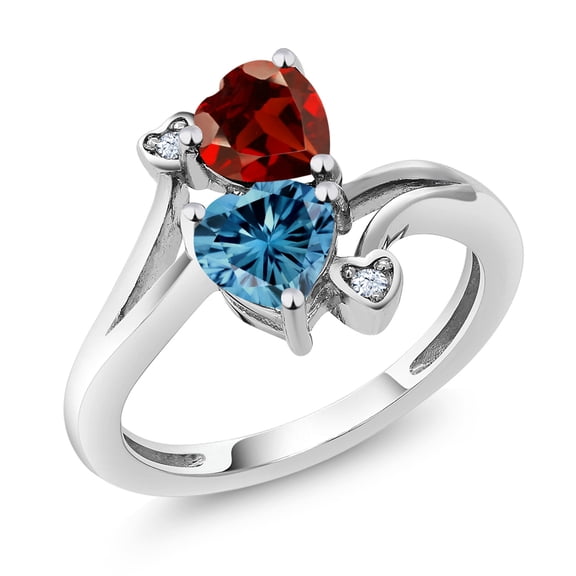 Gem Stone King 10K White Gold Fashion Right-Hand Ring Heart Shape Red Garnet and Vivid Persian Blue Moissanite (1.83 Cttw, Size 8)