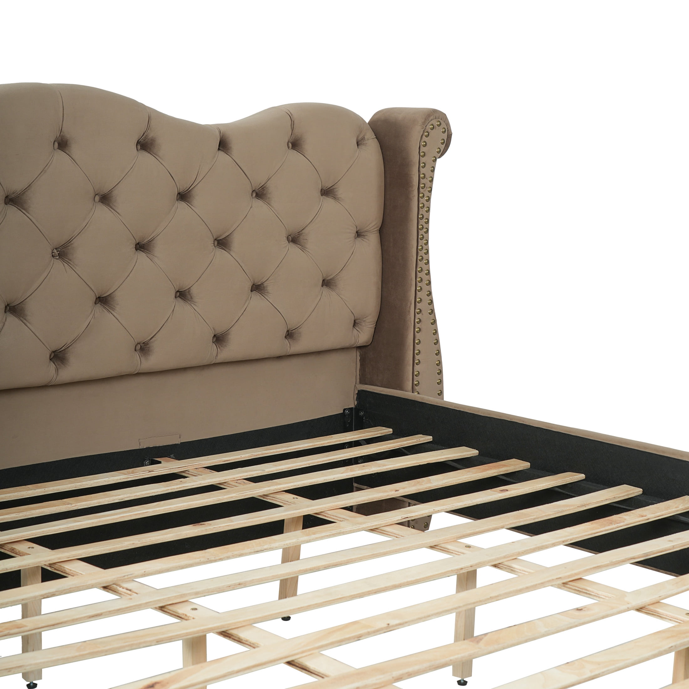 Christopher Knight Home Velvet Upholstered Bed Frame with Thick Tufted Wingback Headboard, King Size, Brown