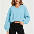 thumbnail image 4 of hoksml Women's Cropped Sweatshirt, V-Neck Balloon Long Sleeve Oversized Pullover Top with Loose Fit, Solid Color Casual Activewear, 4 of 6