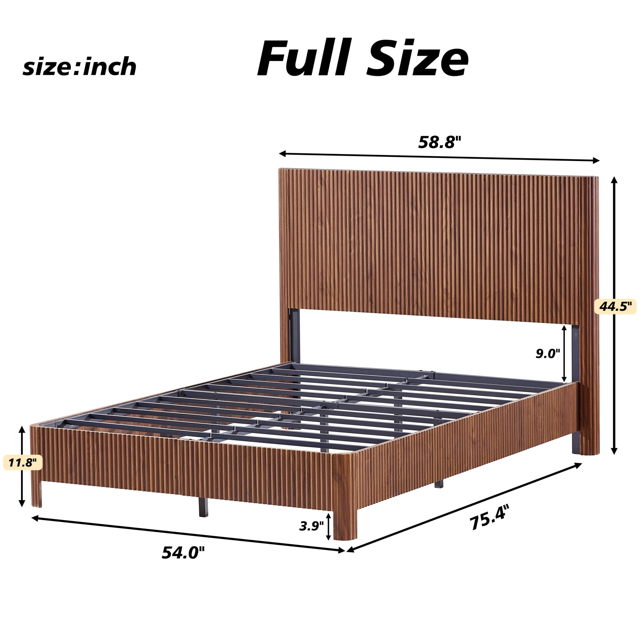 Noble House Solley Full Platform Bed, Rustic Curved Wooden with Corrugated Accents, Heavy-Duty Frame, Walnut