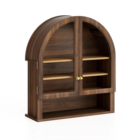Joyyskill Large Arched Wall Cabinet with Acrylic Door, Large Wooden Wall Mounted Bathroom Cabinet, Modern Hanging Medicine Cabinet with Adjustable Shelves and Open Shelf, Brown Oak