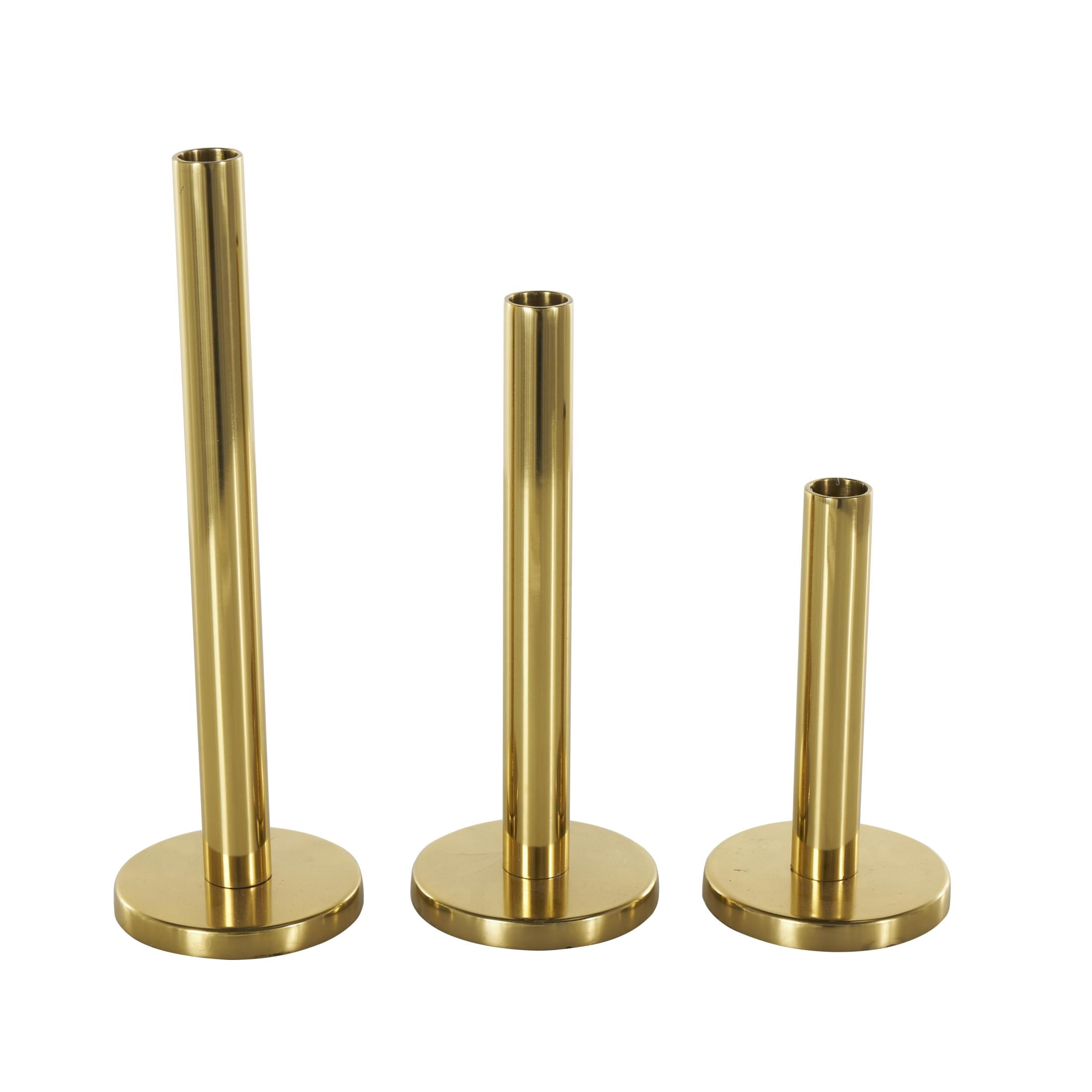 DecMode 3 Candle Gold Stainless Steel Metal Slim Candle Holder with Round Base, Set of 3