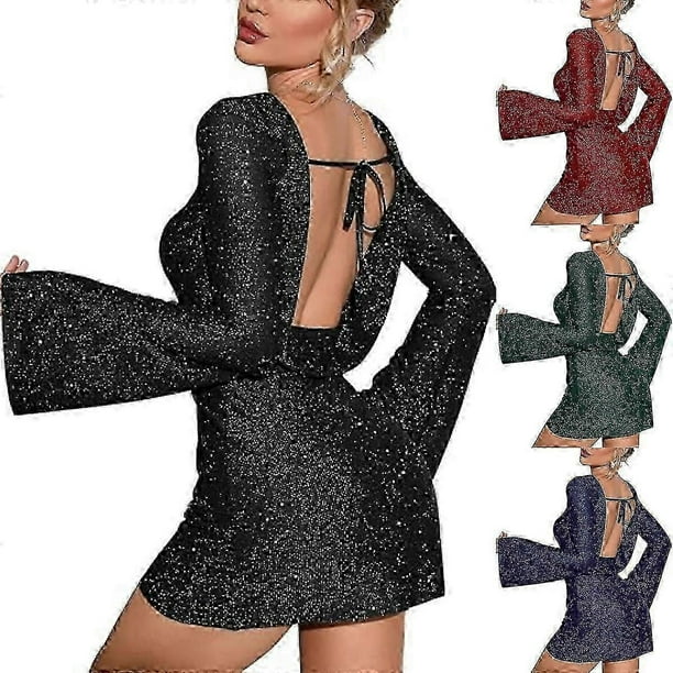 Women's Backless Flounce Sleeve Sparkling Mesh Mini Dress Chic and Glamorous
