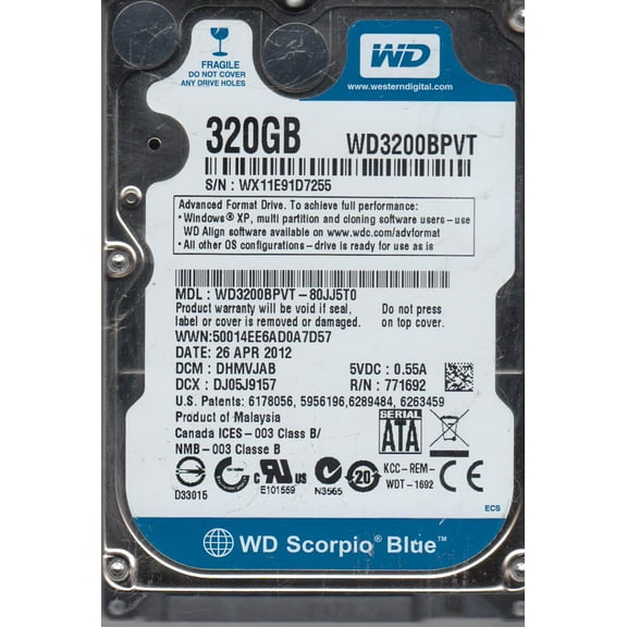 WD3200BPVT-80JJ5T0, DCM DHMVJAB, Western Digital 320GB SATA 2.5 Hard Drive