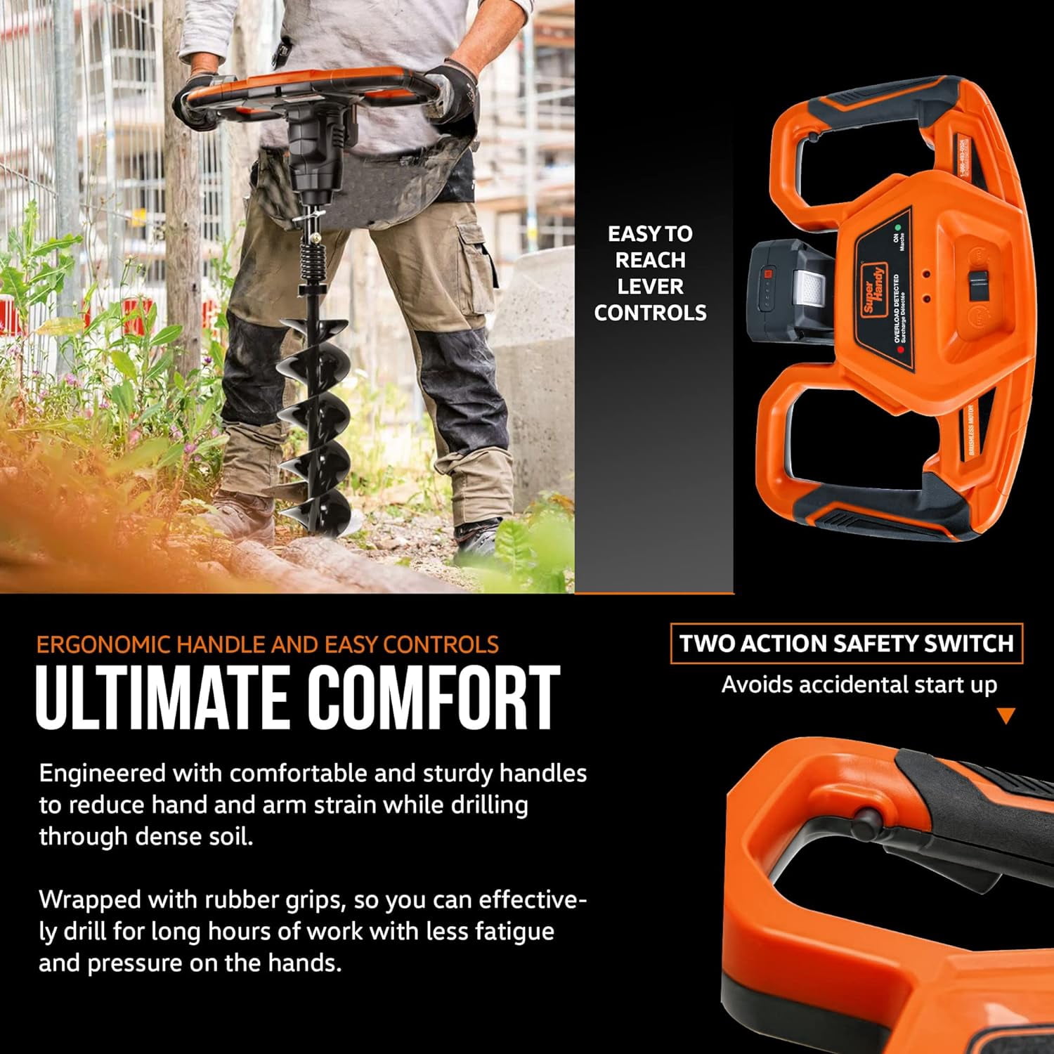 SuperHandy Electric Earth Auger and Drill Bit (Upgraded Design) - 48V 2Ah Battery System, 6" x 30" Drill Bit, 3/4" Shaft