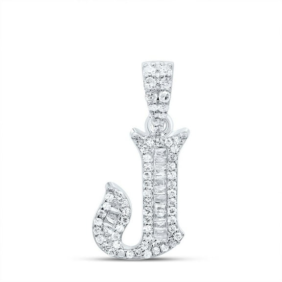 10K White Gold Baguette Diamond Old English Block Font Initial J Pendant 1/4 CT