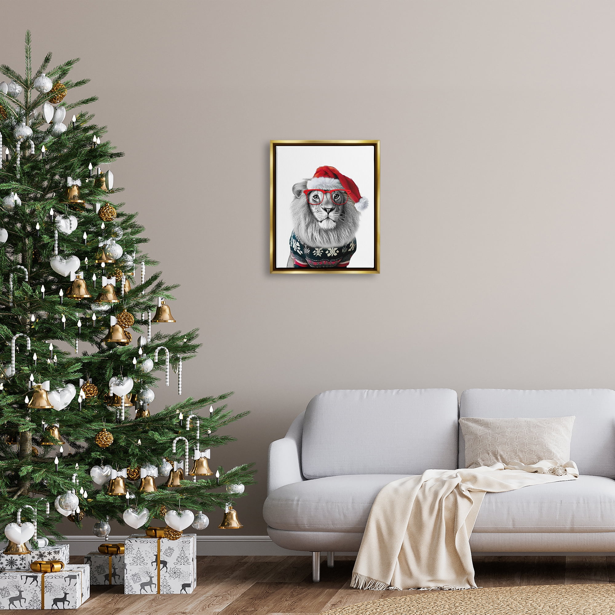 Stupell Industries Lion in Christmas Sweater Holiday Painting Gold Floater Framed Canvas Art Print Wall Art, 17 x 21