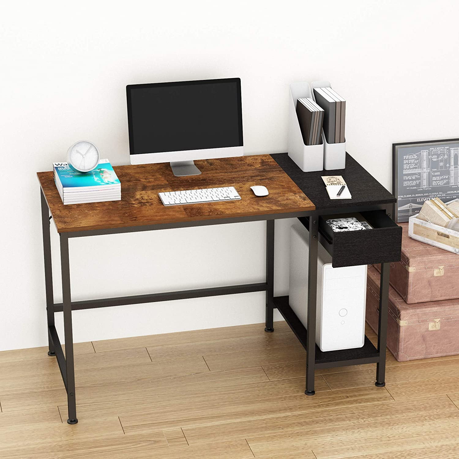 JOISCOPE Laptop Table with Non-Woven Drawer,Computer Desk with Shelves 63 inches 