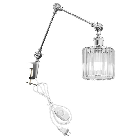 Kiven Dimmable Clip-on Desk Lamp, 1-Light Crystal Modern Nightstand Lamp with Flexible Swing Arm, 8.2FT Plug in Cord, Decorative Clamp Lamp for Bookshelf Office Bedside E26 Sokcet,Silver