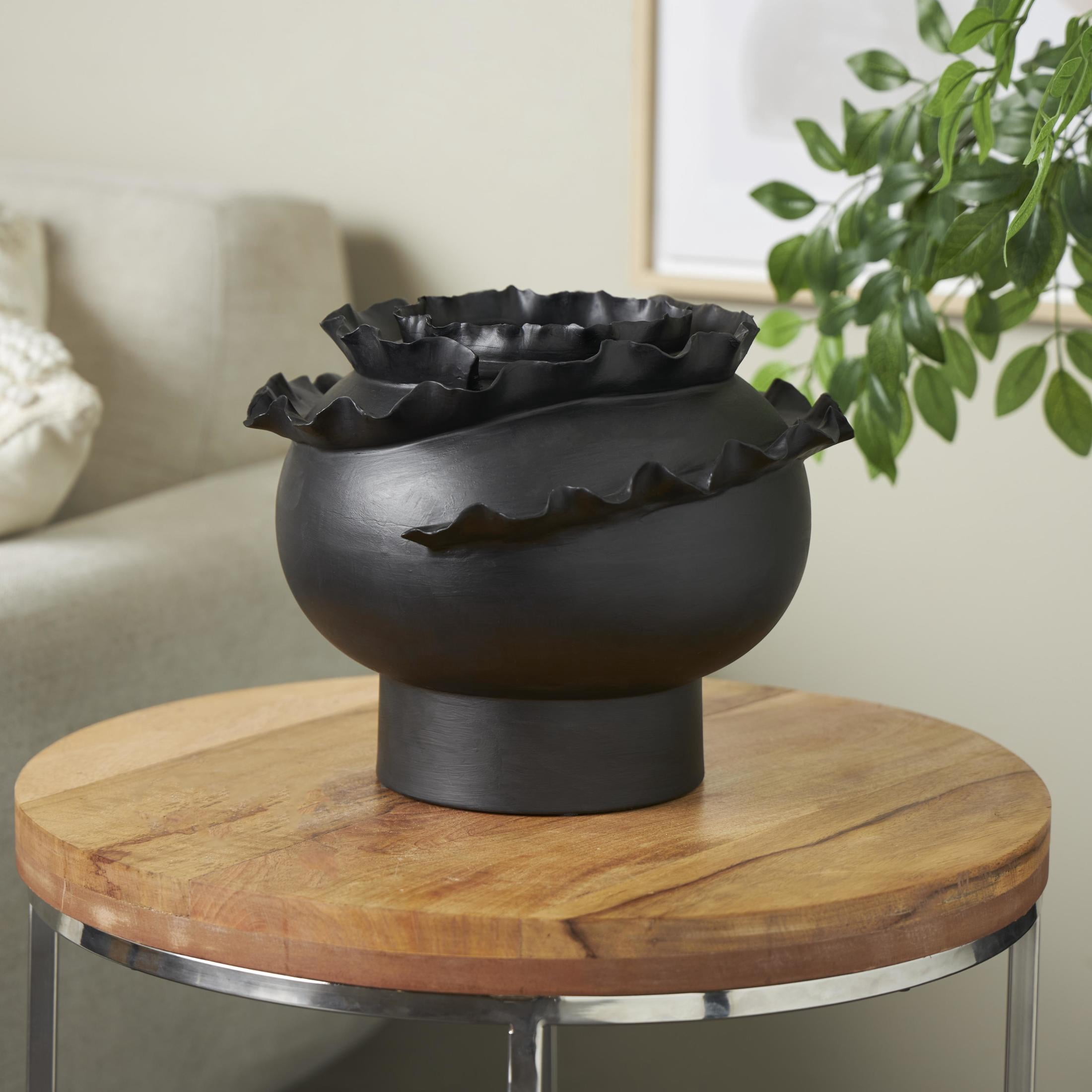 DecMode 9" Abstract Wide Rounded Floral Inspired Black Ceramic Vase with Layered Petals