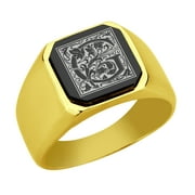 Stainless Steel Men Male Signet Ring Floral Alphabet Initial Anniversary Black Top G SZ 9