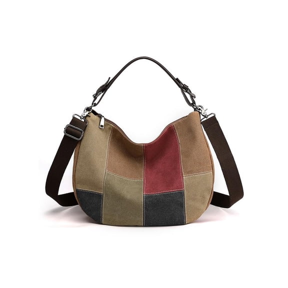 Casual Womens Shoulder Tote Bag Canvas Hobo Handbags Crossbody Color Block Purse-Brown