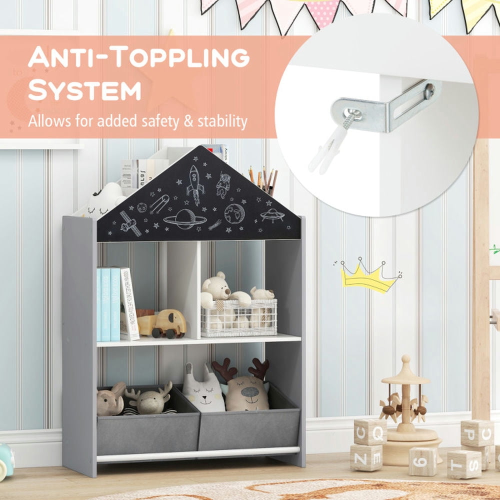 Topcobe Playhouse Kids Bookshelf with Chalkboard and Whiteboard for 3-6 Years, Kids Furniture for Living Room Bedroom-Gray