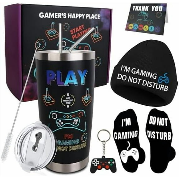 Gamer Gifts, 8PCS Cool Gaming Gift Bulk Set Includes Tumbler Straw Beanie Socks Key Chain Thanks Card Gift Box, Christmas Gifts for Teen Teenage Boys Men Idea