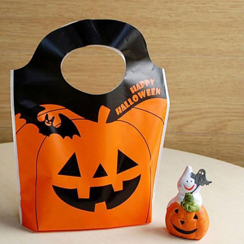 ZeeDix 50 Pcs Halloween Candy Bags Treat Bags Goody Mini Bags for Lollipop Candy Cake Pop Chocolate Cookie Wrapping Buffet-Orange Tote Bags Jack-O-Lantern Pumpkin Thickness OPP Plastic Bags 
