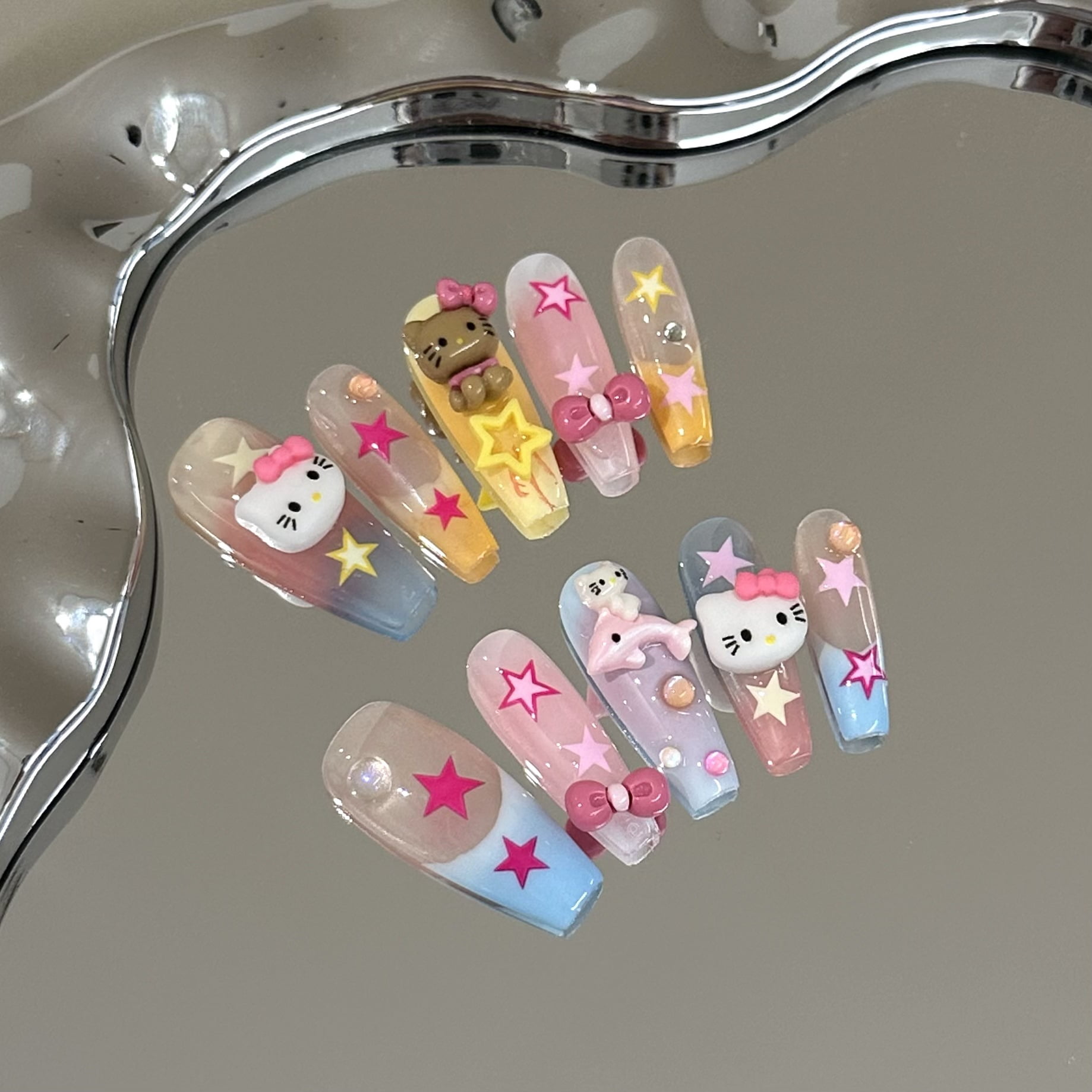 Pure hand-worn nail piece, high-end pink kitt cat manicure, colored pentagram French whitening long nails