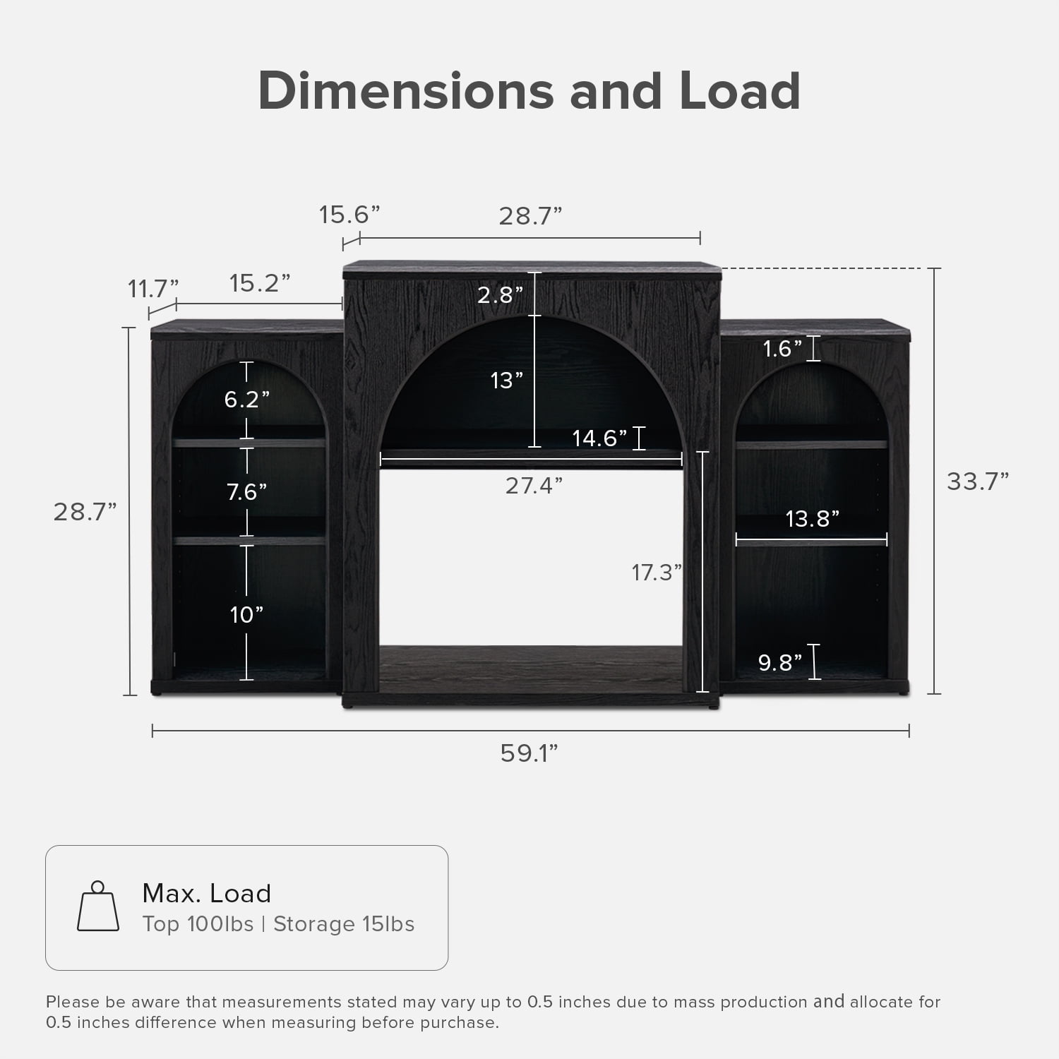 Mopio Blake 59" Arched TV Stand, Fireplace Mantel, Modular Side Storage Shelves, Entertainment Center for Living Room, Credenza, Media Console (Black, No Insert)