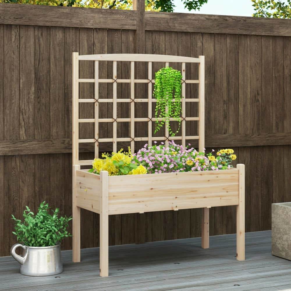 Yardi Yarda Raised Garden Bed with Lattice Trellis and Drainage Holes Elevated, Garden Bed for Outdoor as Yard, Natural