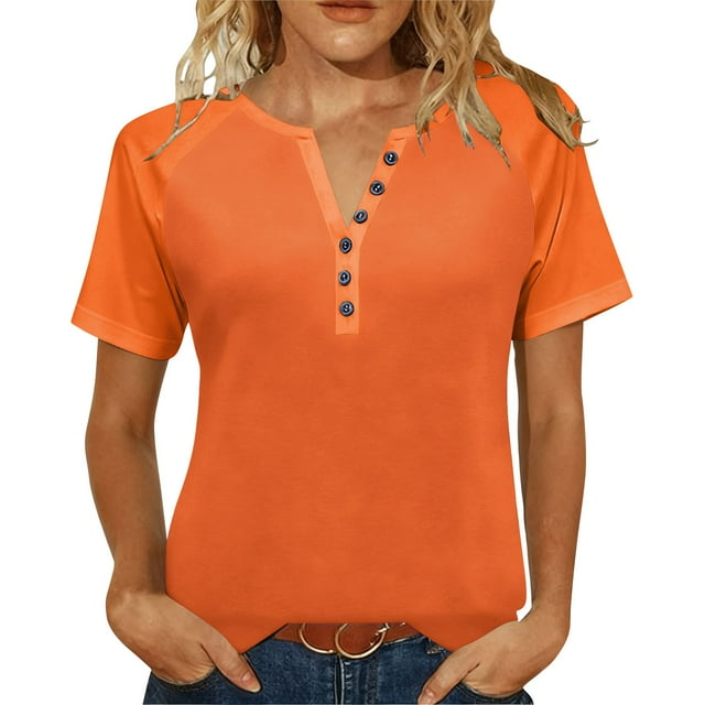 Women's 2026 Spring Summer Tops Essential V Neck Tees Button Pullover Raglan Sleeve Outfits Casual Short Sleeve Shirts Loose Comfort Clothing Versatile Basic Clothes