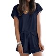 thumbnail image 1 of Pyjama pour Femmes Manches Courtes Ensemble de Pyjama Doux Col en V Haut et Shorts Ensemble de Pyjama Bleu Marine 2TG, 1 of 5