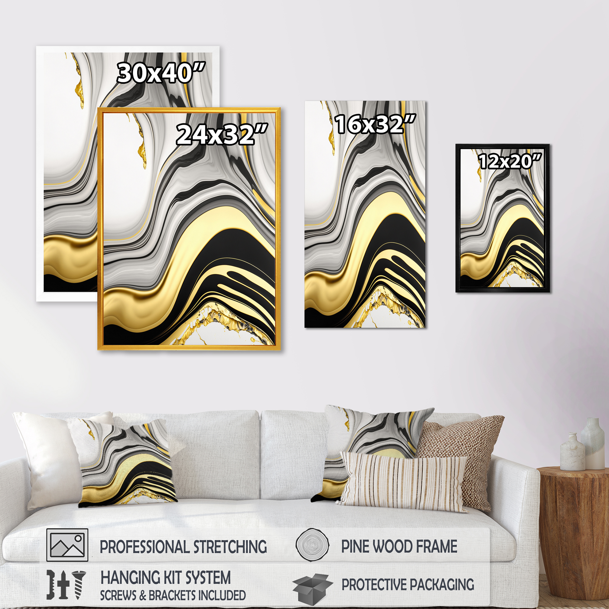 Designart Abstract Geode Marble Waves Gold III Canvas Wall Art