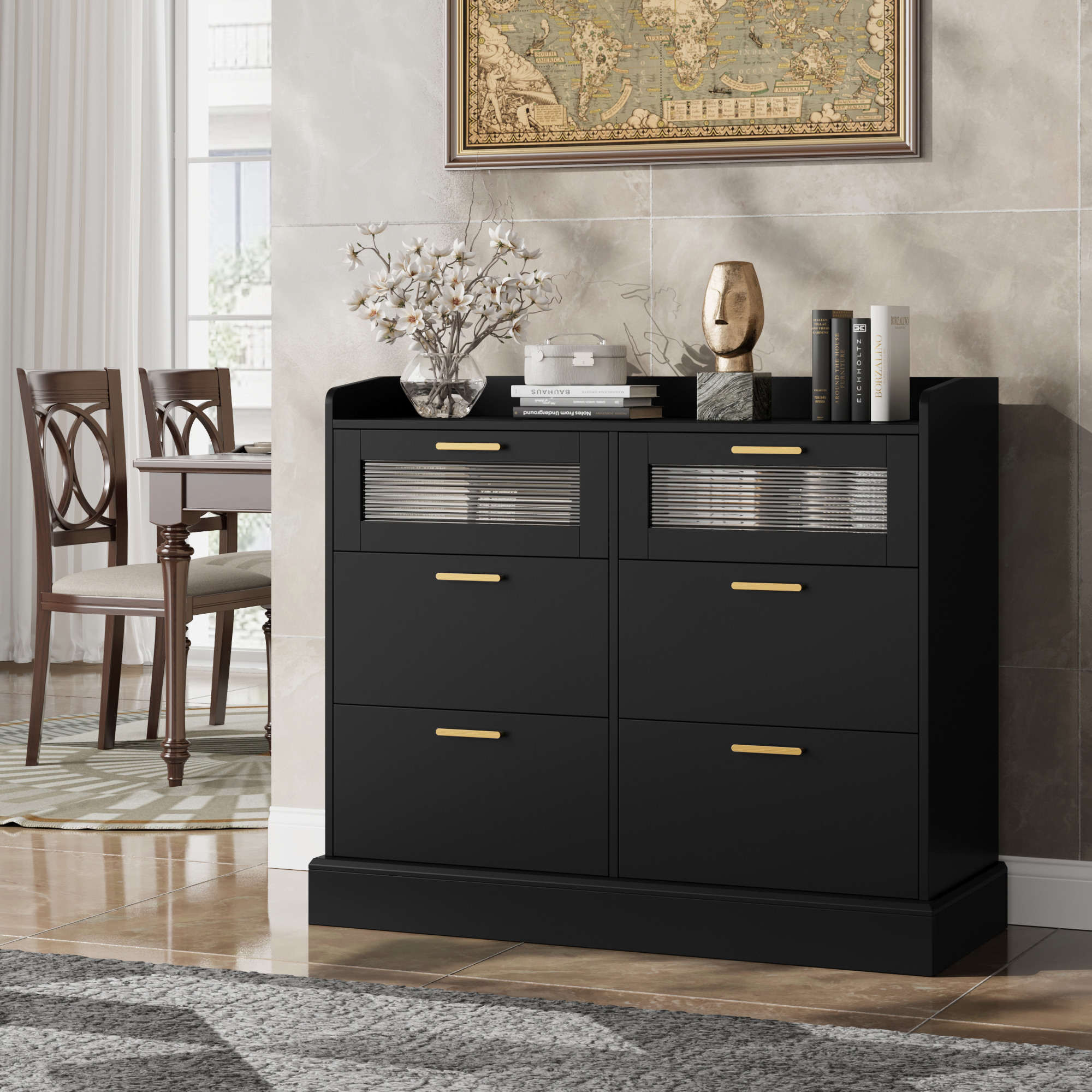 Homfa 6 Drawer Double Dresser with Fence, Chest of Drawers with Wavy Glass, Wooden Storage Cabinet for Bedroom, Black - image 5 of 7