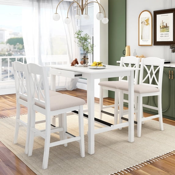5pcs Dining Table Set,Casual Counter Height Dining Table Set with 4 Upholstered Dining Chairs and 1 Storage Drawer,Kitchen Compact Furniture Set with 4 Stools,for Small Places
