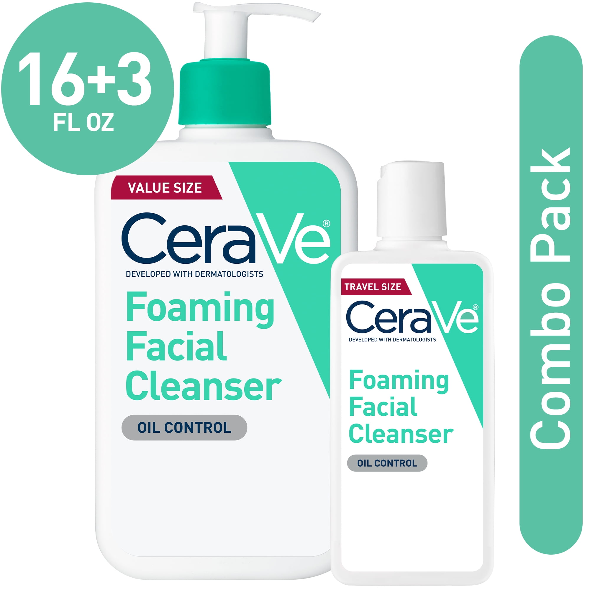 CeraVe Foaming Face Wash, Face Cleanser for Normal to Oily Skin, 3 fl oz & 16 fl oz
