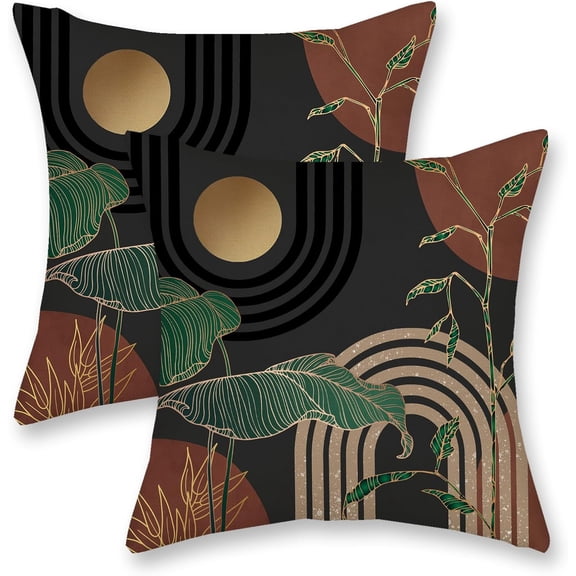Boho Pillow Covers 18x18 Inch 2 Pcs Grey Brown Gold Green Tropical Leaf Mid Century Outdoor Decor Throw Pillows Modern Geometry Farmhouse Decoration Pillowcase Linen Cushion Cover for Couch