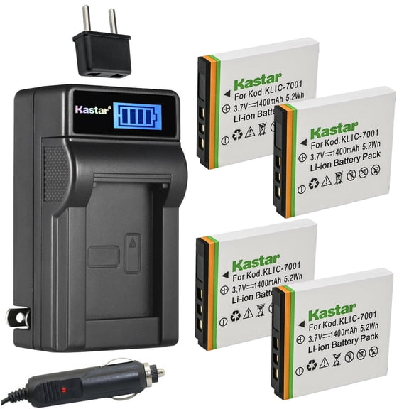 Kastar 4-Pack KLIC-7001 Battery and LCD AC Charger Compatible with Polaroid T10035, T1031, T-1031, T1035, T-1035, T1232, T1234, T-1234, T1235, T-1235, PRAKTICA DMMC3D, DMMC-3D, LM 10-TS, LM 12-TS