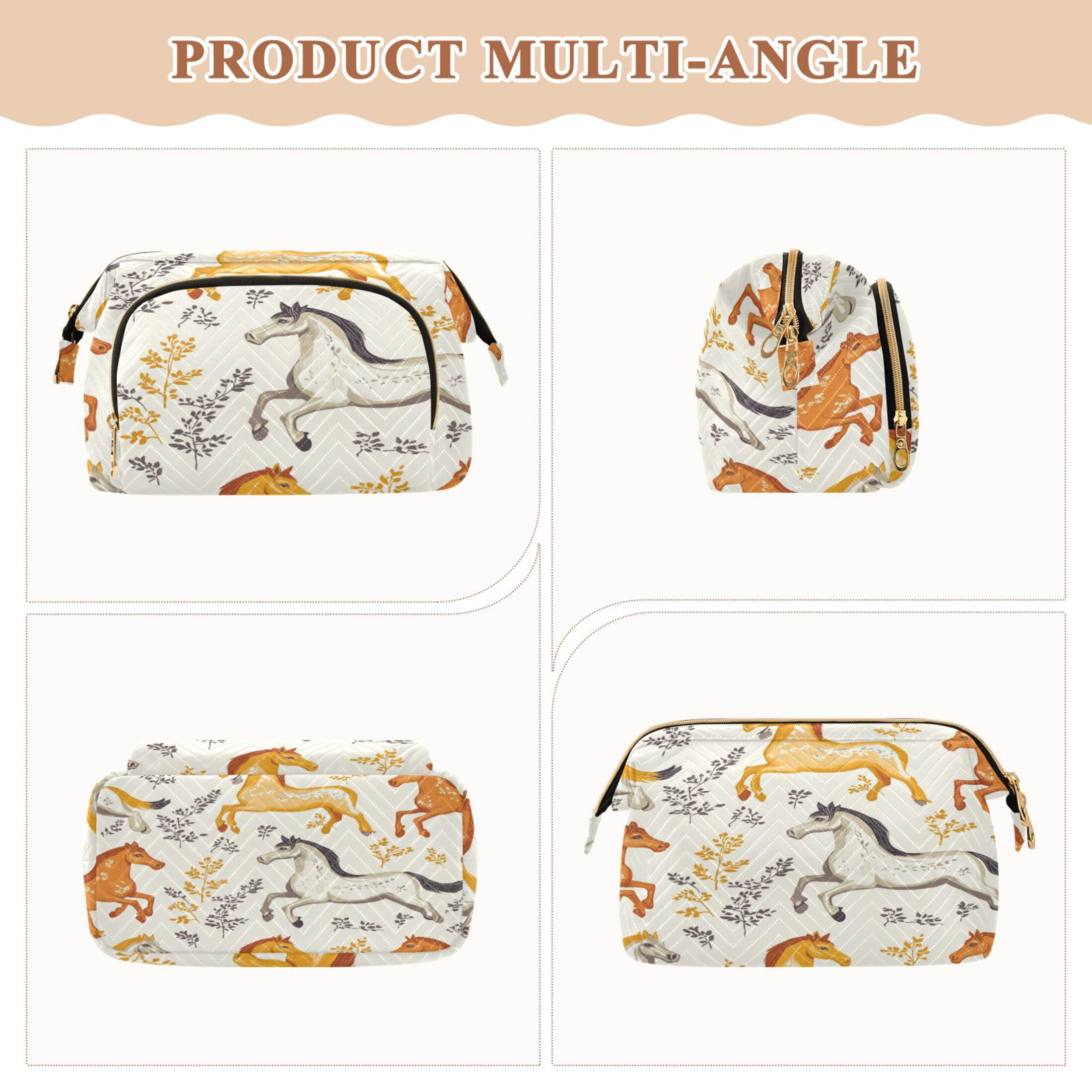 Wavy Quilted Cosmetic Bag Large-Capacity Travel Toiletry Organizer Includes 9-Piece Portable Travel Bottle Set Horse with Leaves