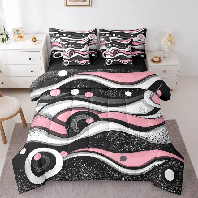 Erosebridal Pink Stripes Bedding Queen Size,Geometric Circle Comforter Sets with Sheets,Lightweight Reversible Bedding Sets Queen Size,Abstract Artwork Decoration,7 Pieces