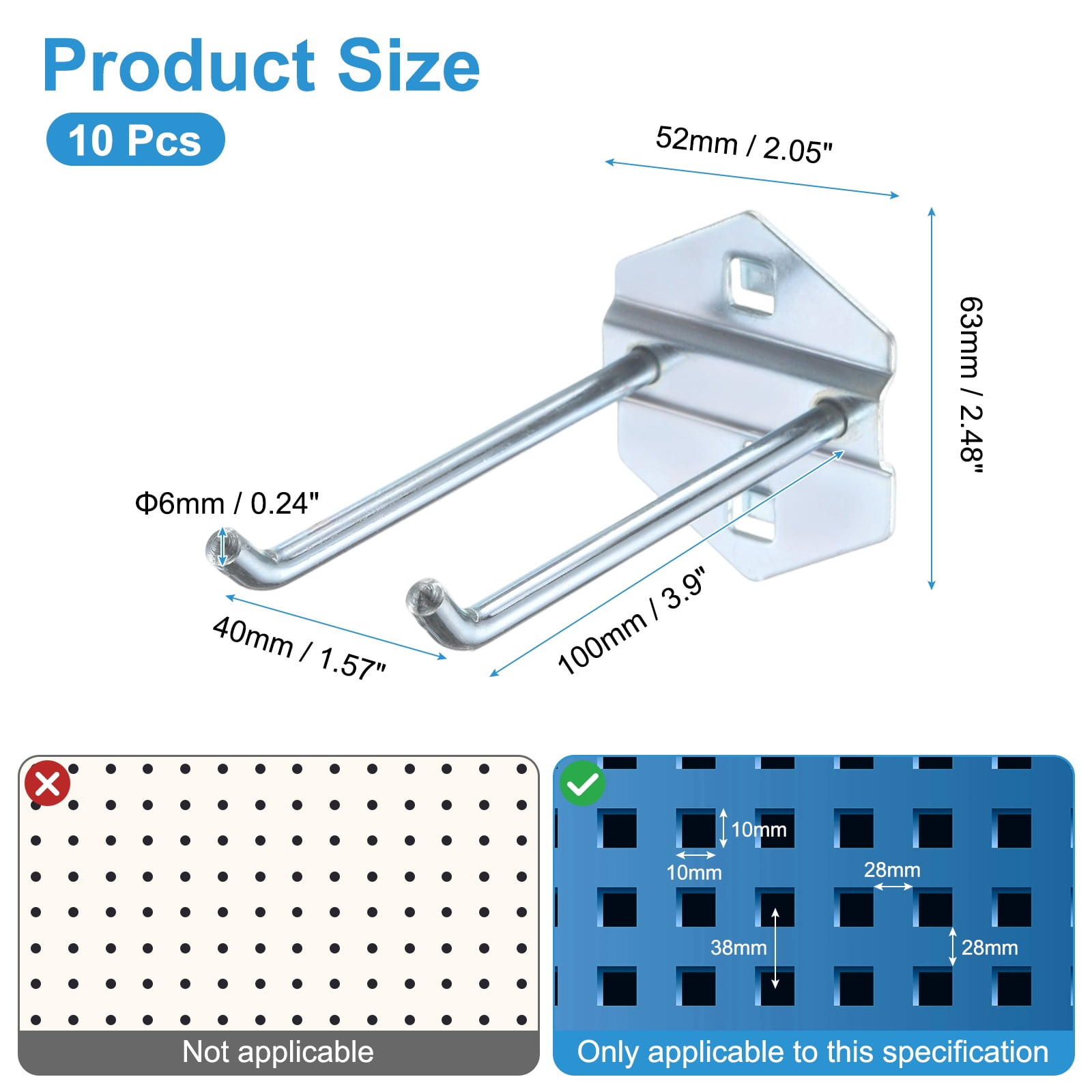 Uxcell 10Pcs Metal Square Peg Board Hooks, 3.9" Heavy Duty Square Hole Peg Hook for 3/8" Spaced Pegboards, Silver